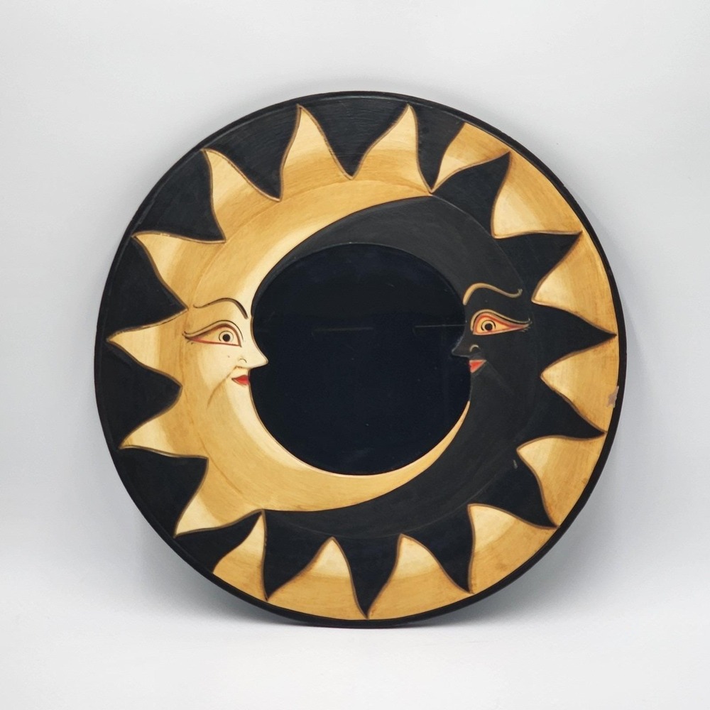 Vintage Hand Carved Celestial Sun Moon Mirror Bali Folk Art Wall Decor Eclectic